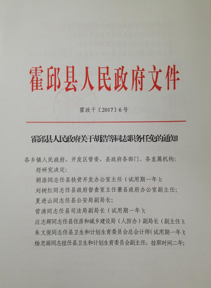 霍邱县人民政府办公室人事最新任命通知